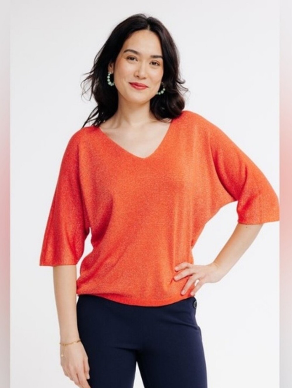 Armand Thiery Batwing Sleeve Sweater Vibrant Sunset V-Neck Sweater PTP 23"